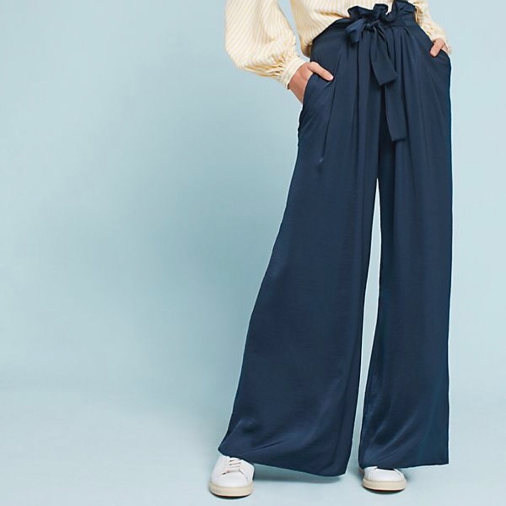 Anthropologie navy silky wide leg paperbag waist